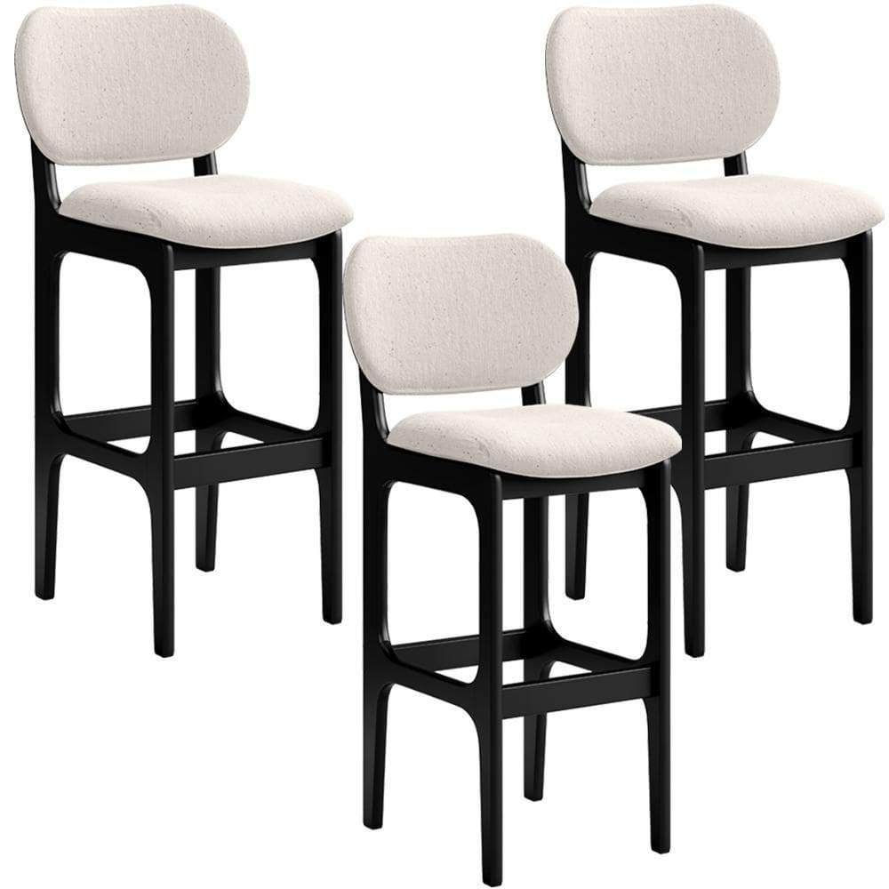 Kit 3 Banquetas Alta Betta Preto Linho Cru