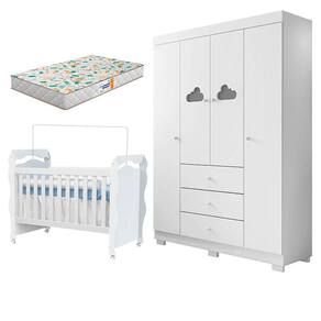 Berço Americano New Nanda e Guarda Roupa Infantil Ane Branco Brilho com Colchão Gazin – Phoenix Baby