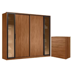 Cômoda Atria 4 Gavetas e Guarda Roupa Casal Laredo Nogueira Touch com Vidro Reflecta Demóbile – Demartêz