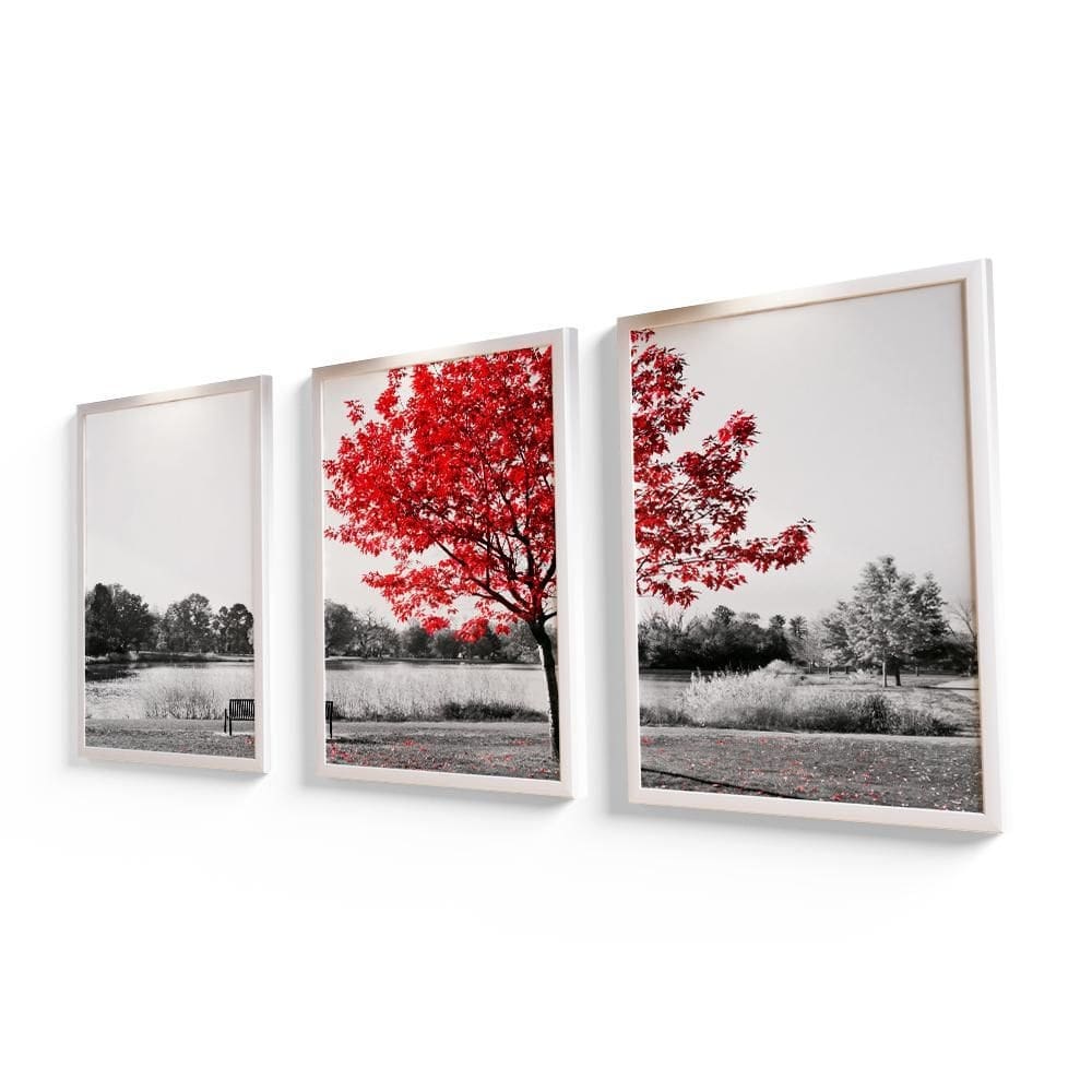 Quadro decorativo árvore vermelha moldura branca 60x40