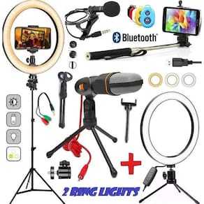 Kit gravação vídeo tripé 2m profissional luz led ring light
