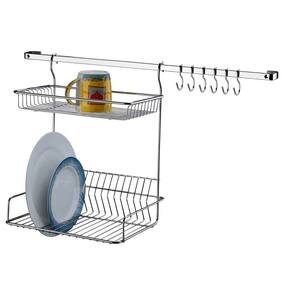 Kit Escorredor De Louças Duplo Com Barra Ganchos De Parede Para Cozinha Cromado - Future