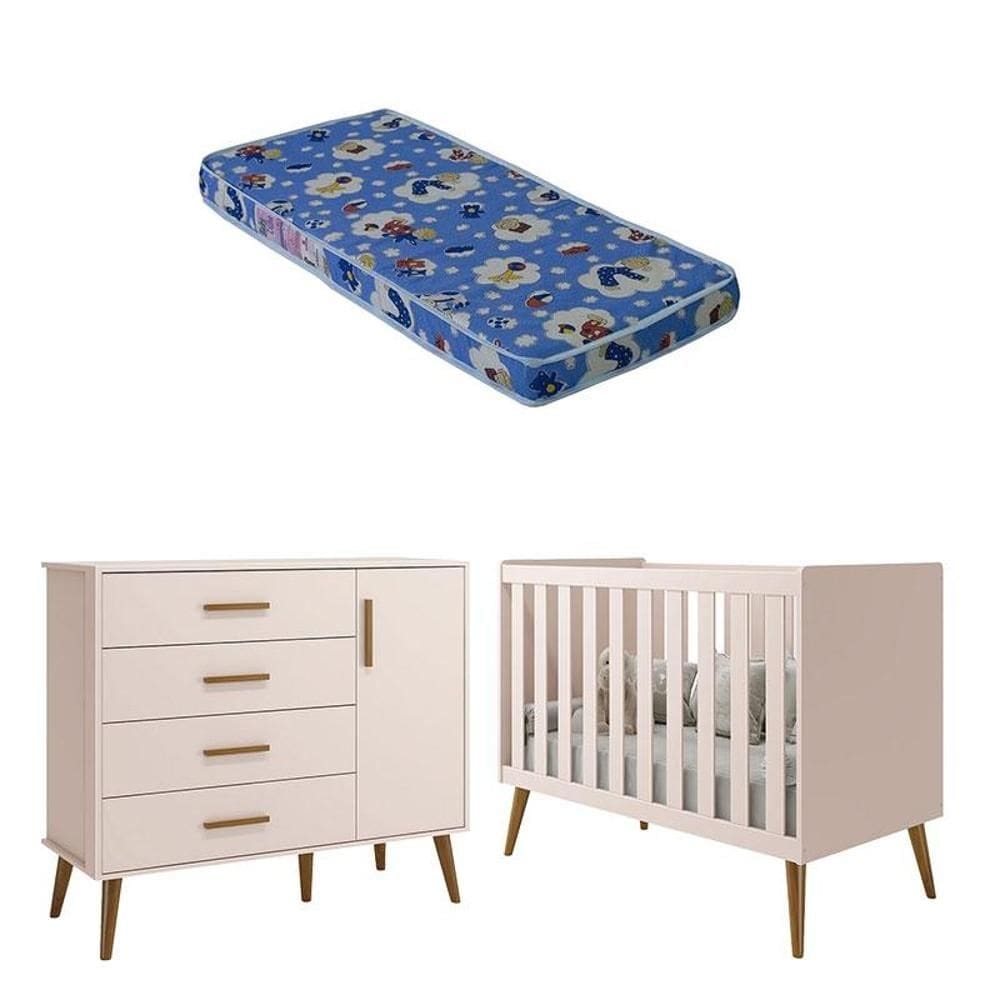 Berço Americano e Cômoda Infantil com Porta Isis Rosa Acetinado com Colchão Ortobom - Reller