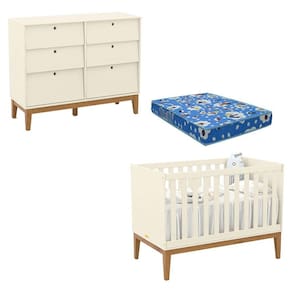 Berço Americano e Cômoda 6 Gavetas Unique Off White Eco Wood com Colchão Ortobom - Matic