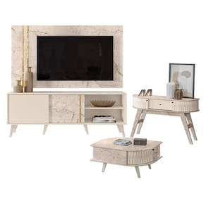 Rack Bancada e Painel para TV Cronos com Aparador Estoril e Mesa de Centro Indianápolis Calacata Off White – Madetec