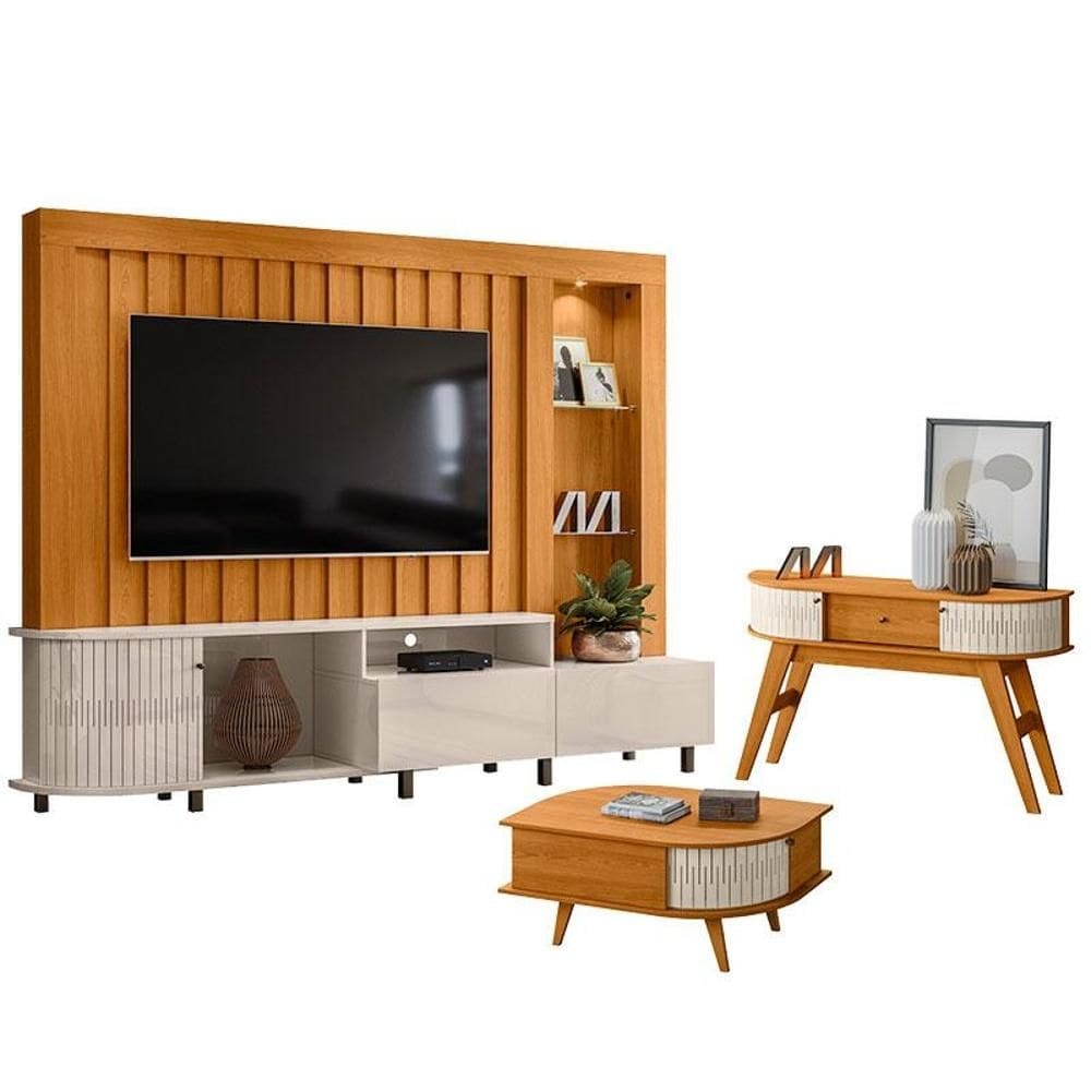 Estante Home Theater Le Mans com Aparador Estoril e Mesa de Centro Indianápolis Cinamomo Off White – Madetec