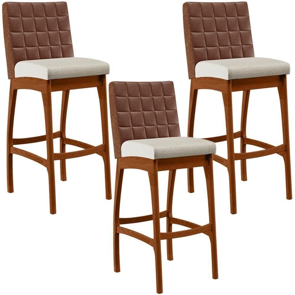 Kit 03 Banquetas Altas Mila Marrom Linho Champagne