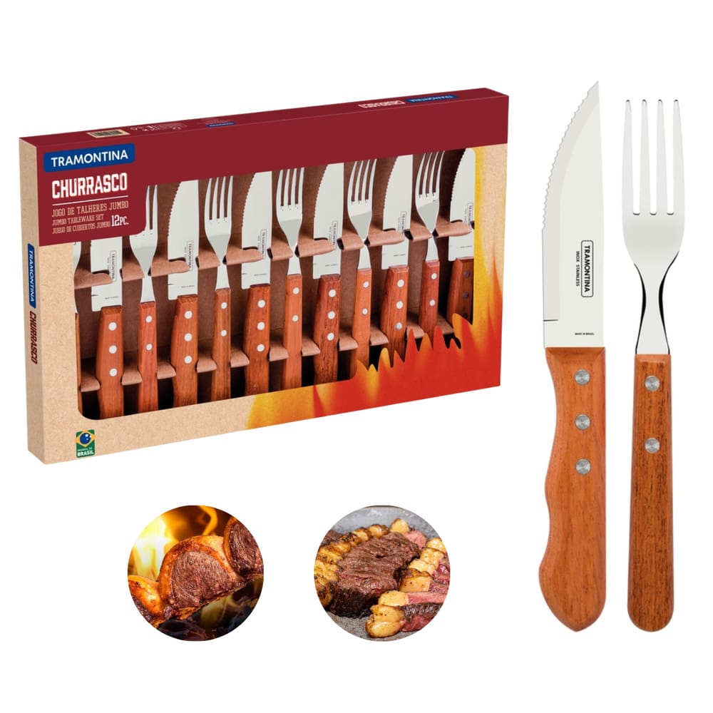 Kit Churrasco Jogo de Talheres Jumbo com Cabo de Madeira 12 peças Tramontina Serve 6 Pessoas