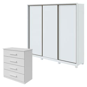 Guarda Roupa Spazio 270 com Pés e Cômoda Baião Branco Brilho - Lopas