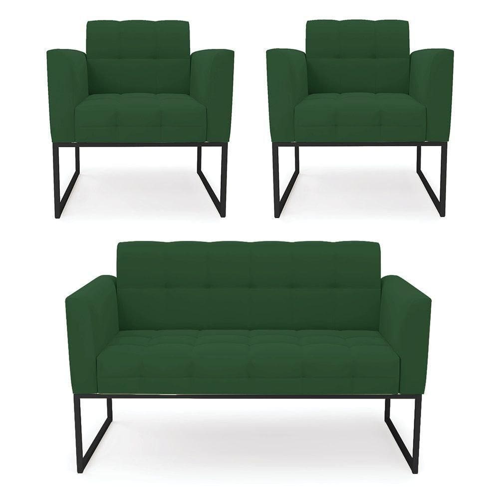 Kit 1 Sofá Namoradeira E 2 Poltronas Elisa Veludo Base Metálica Industrial Preto - D`rossi Cor Verde