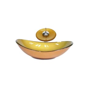 Cuba de vidro oval 55cm dourado real + válvula + torneira