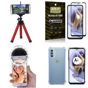 Capinha moto g31 + tripé flex + flash ring + película 3d