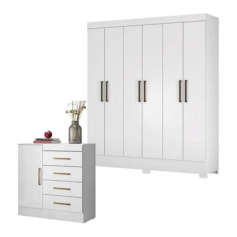 Cômoda Montevidéu e Guarda Roupa Casal Verso Branco - Demóbile