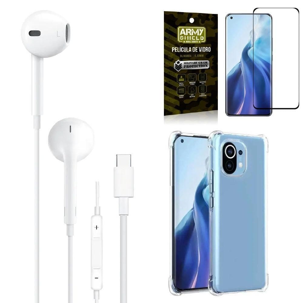 Capa mi 11 lite + fone de ouvido tipo c + película 3d