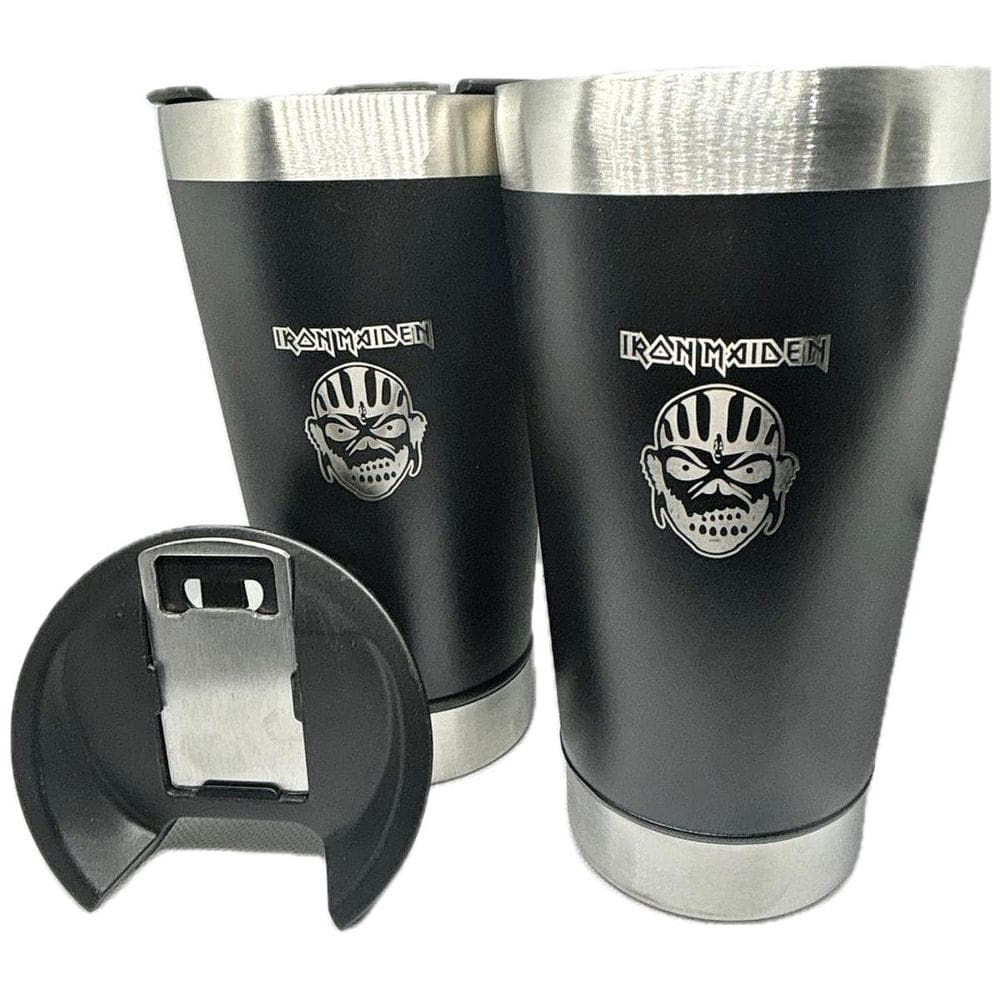 2 Copos Térmico Iron Maiden 500Ml + Tampa + Abridor Garrafas