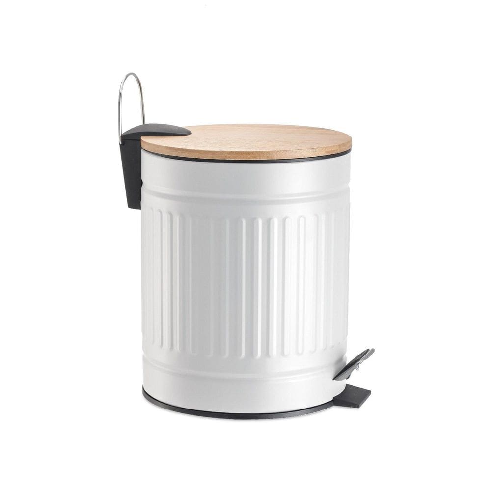 Lixeira Tampa De Bambu E Pedal Com Amortecedor Fluted Branca