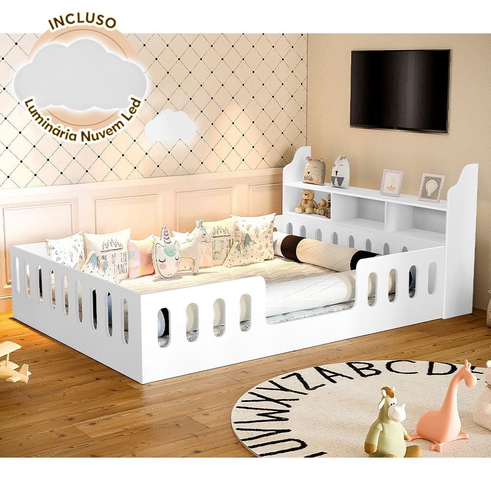 Cama de Criança Infantil Casal com Nicho Helo Luminária Led - Branca
