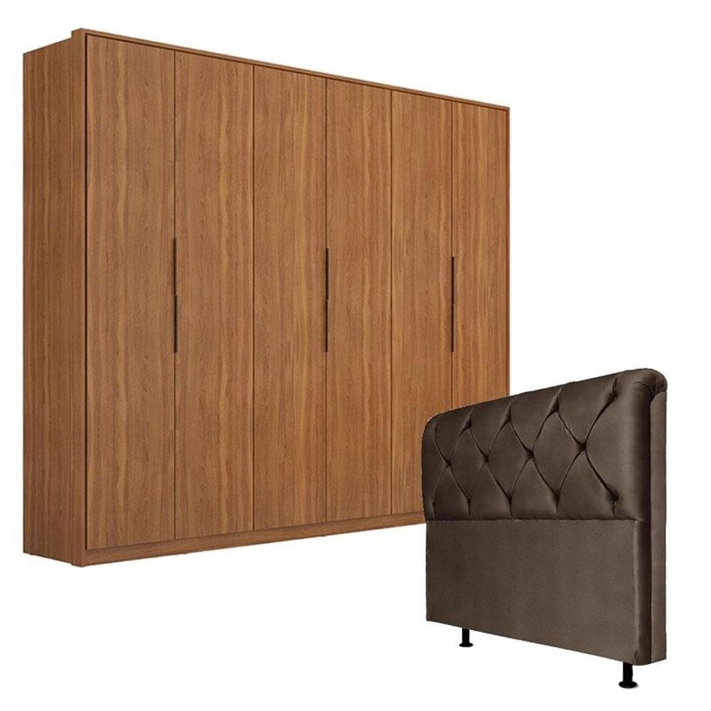 Guarda Roupa Atrice 6 Portas Amêndola com Cabeceira Daiana 160 cm Marrom – Demartêz