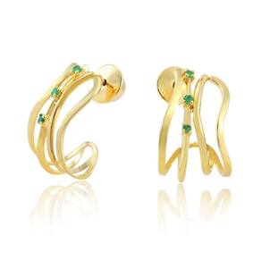 Brinco Curvas 1,8Cm Com Esmeralda Em Ouro 18K