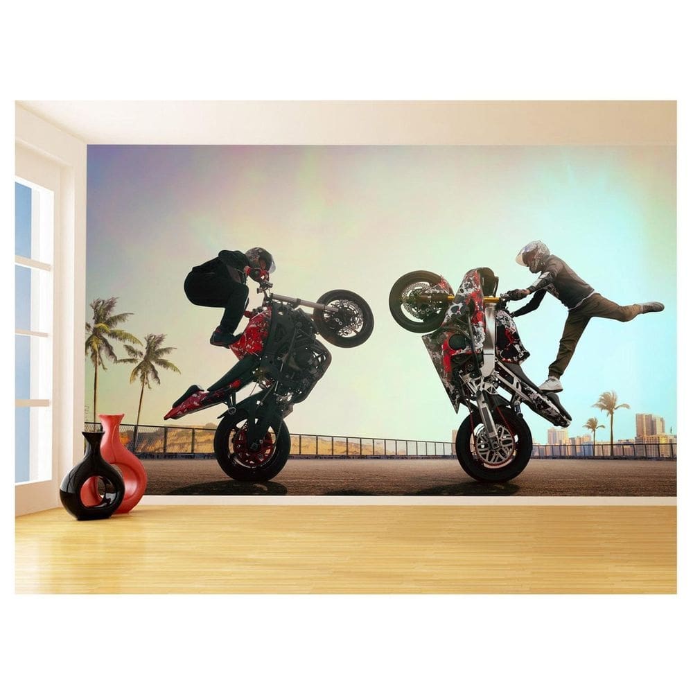 Papel De Parede 3D Moto Grau Empinando Manobra 3,5M Bkm35