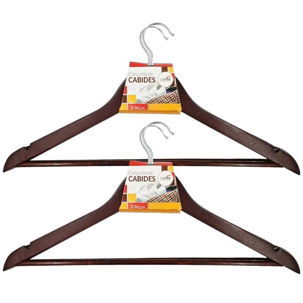 Kit 6X Cabides Madeira Marrom Gancho De Roupas Com Cavas