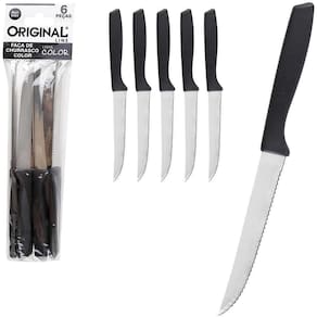 Faca Churrasco Inox 4,5`` Cabo Plastico Preto Color 6 Pecas