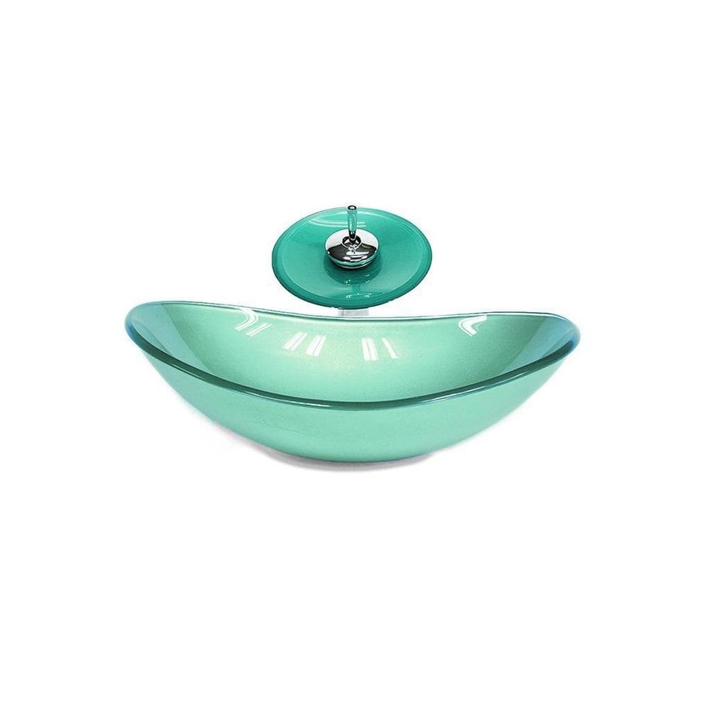 Cuba de vidro oval 47cm verde + valvula + torneira cascata
