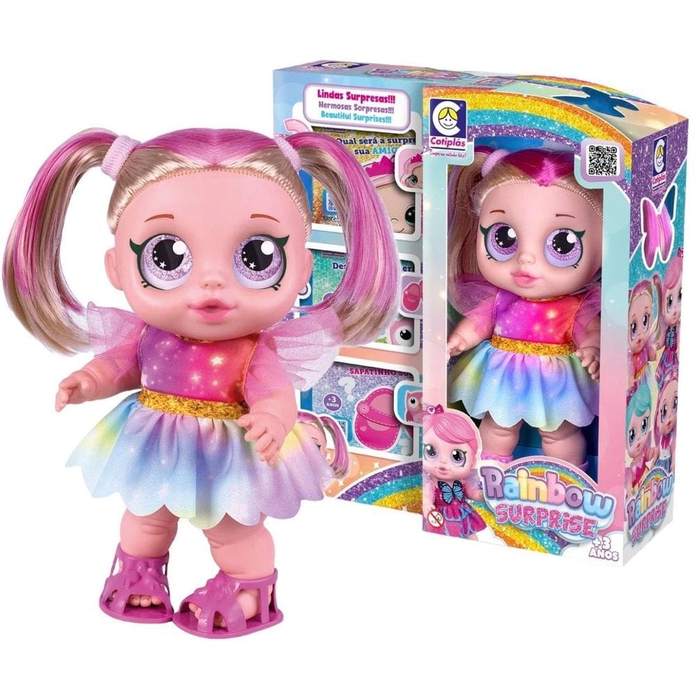 Boneca rainbow acessórios surpresas vinil articulada loira
