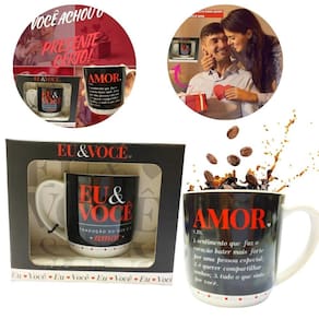 Caneca Preta Porcelana 300Ml Café Eu E Você Dizeres Amor