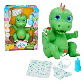 Boneco Dinossauro Faz Xixi Verde+Mamadeira Fralda E Babador
