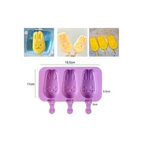 Molde de sorvete em forma de coelho de silicone com tampa e 3 cavidades