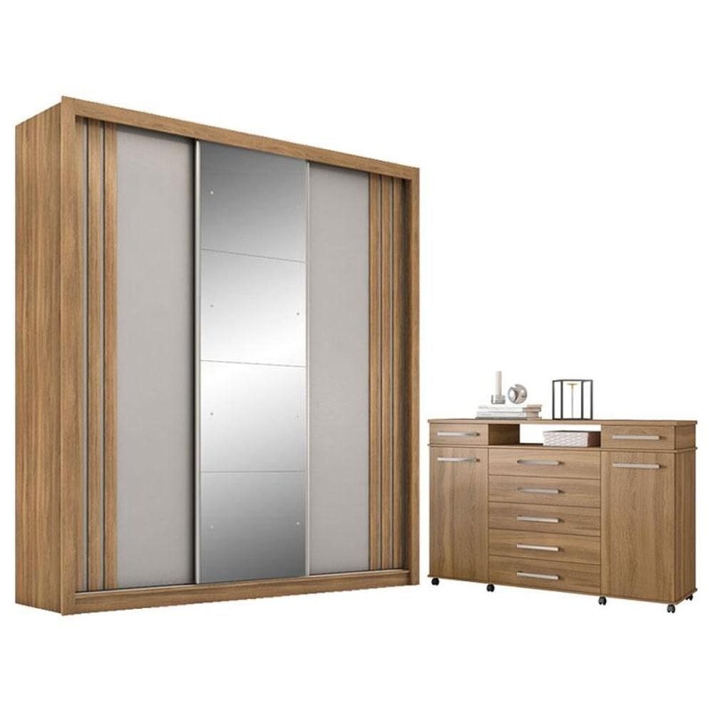Cômoda London e Guarda Roupa Casal Moema Amêndola Nude Flex com Espelho – Demóbile