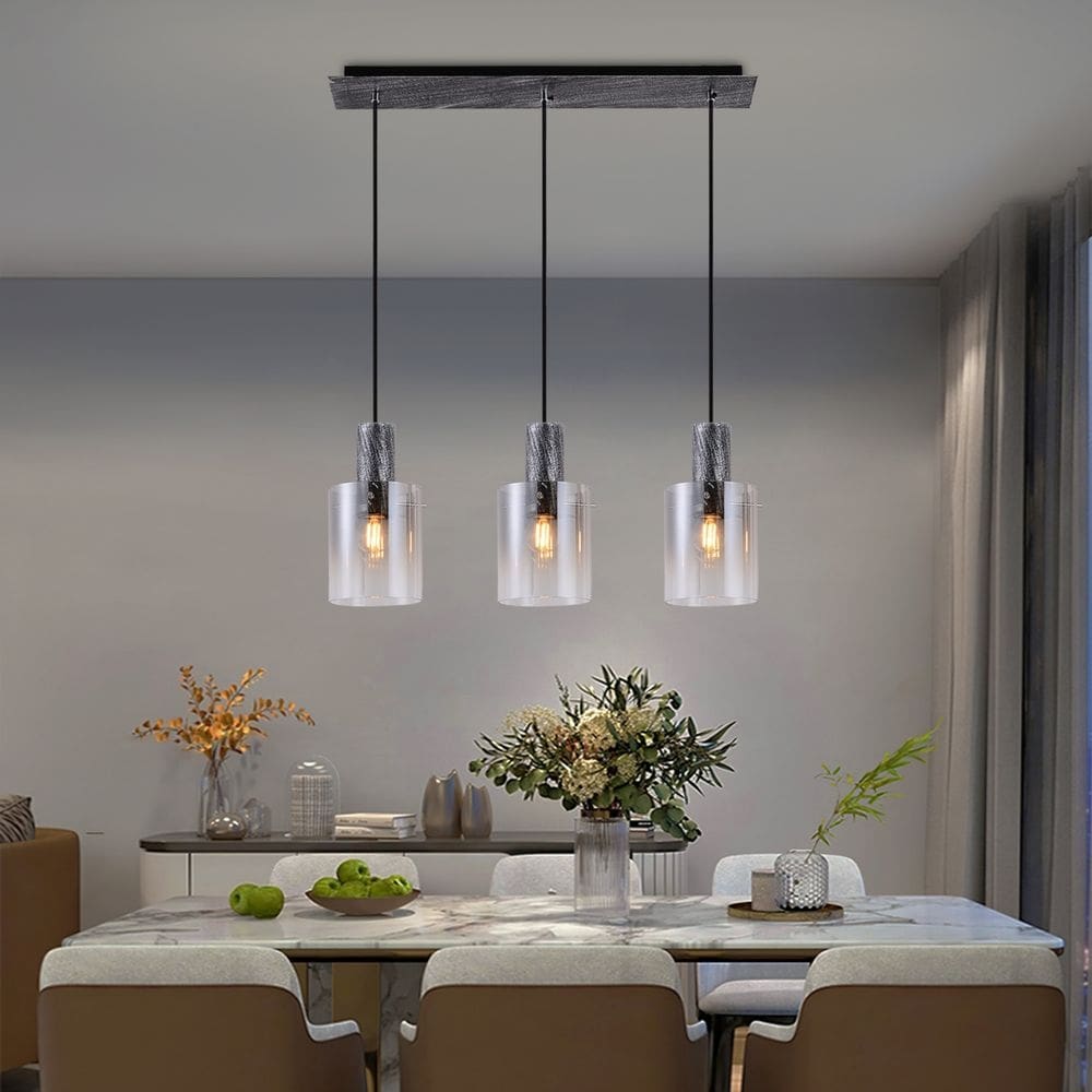 Lâmpada suspensa de metal preto e vidro 3 luzes E27 68x15x26cm