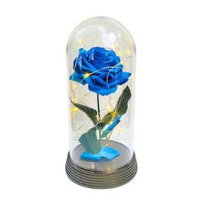 Luminária a rosa encantada azul 20 cm base ouro quente