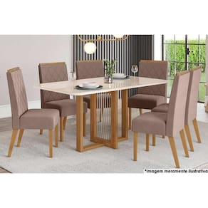 Sala de Jantar Completa Natalí c/ Tampo Madeirado c/ Vidro Curvo 160x90cm e 6 Cadeiras Nina Nature/Veludo Light Marrom Amêndoa - Henn