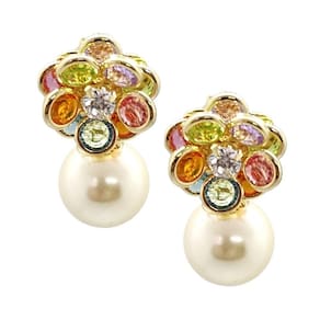 Brinco feminino folheado ouro flor c pedras coloridas e