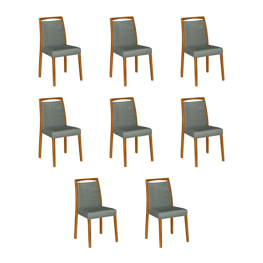 Kit 8 Cadeiras De Jantar Luxo Estofadas Jade Veludo Cinza Base Madeira Maciça