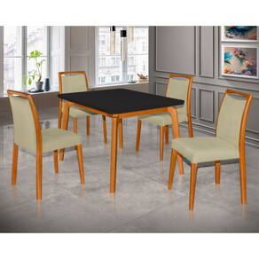 Mesa Jantar Luxo Jade 120X90cm Preto Com 4 Cadeiras Estofadas Veludo Bege Base Madeira Maciça