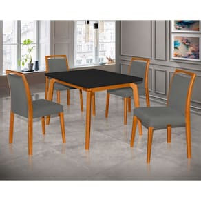 Mesa Jantar Luxo Jade 120X90cm Preto Com 4 Cadeiras Estofadas Linho Cinza Escuro Base Madeira Maciça