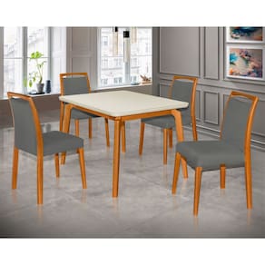 Mesa Jantar Luxo Jade 120X90cm Off White Com 4 Cadeiras Estofadas Linho Cinza Escuro Base Madeira Maciça