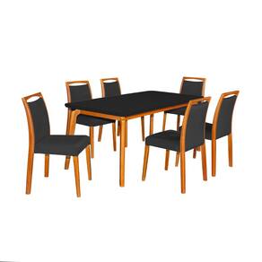 Mesa Jantar Luxo Jade 160X90cm Preto Com 6 Cadeiras Estofadas Veludo Preto Base Madeira Maciça