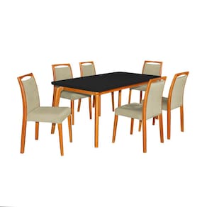 Mesa Jantar Luxo Jade 160X90cm Preto Com 6 Cadeiras Estofadas Veludo Bege Base Madeira Maciça