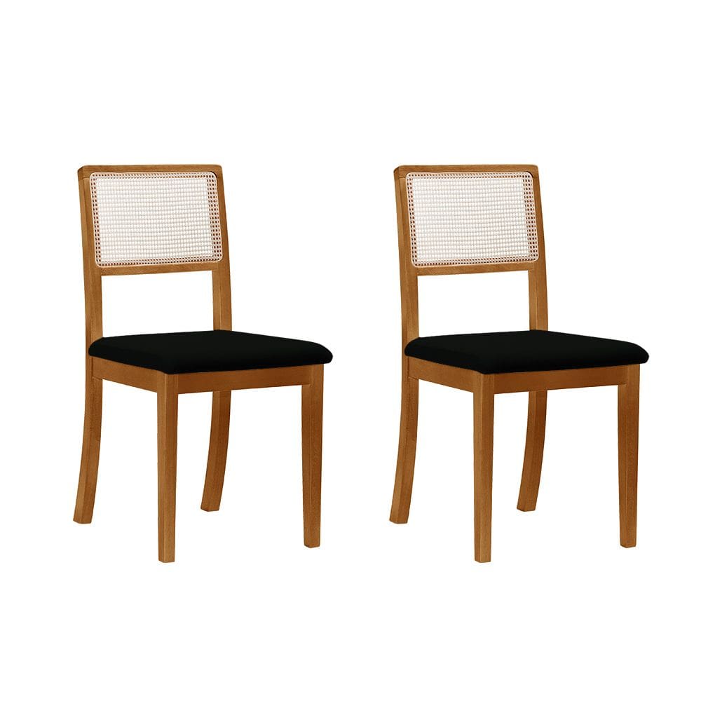 Kit 2 Cadeiras De Jantar Luxo Madeira Maciça Encosto Telinha Palha Estofada Veludo Preto Rubi