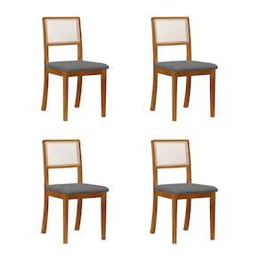 Kit 4 Cadeiras De Jantar Luxo Madeira Maciça Encosto Telinha Palha Estofada Veludo Cinza Rubi
