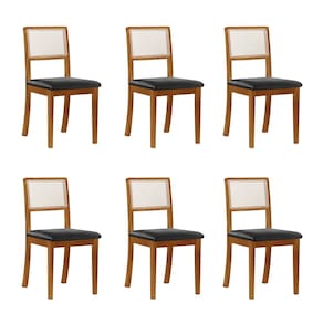 Kit 6 Cadeiras De Jantar Luxo Madeira Maciça Encosto Telinha Palha Estofada Material Sintetico Preto Rubi