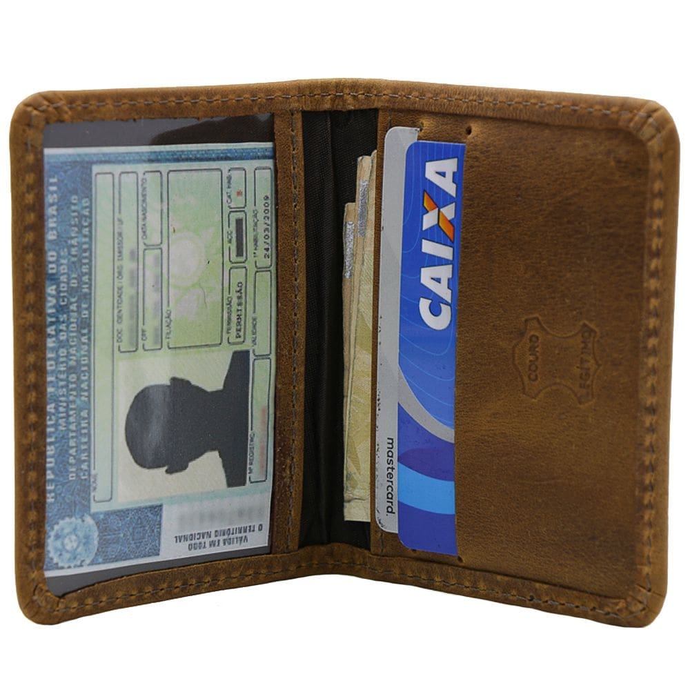 Carteira Masculina Slim Pequena Porta Cartão de Crédito Porta CNH Em Couro Legítimo Marrom Claro