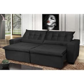 Sofá Montenegro 2,12 Mts Retrátil, Reclinável Com Molas E 2 Almofadas Lombar Tecido Suede Preto