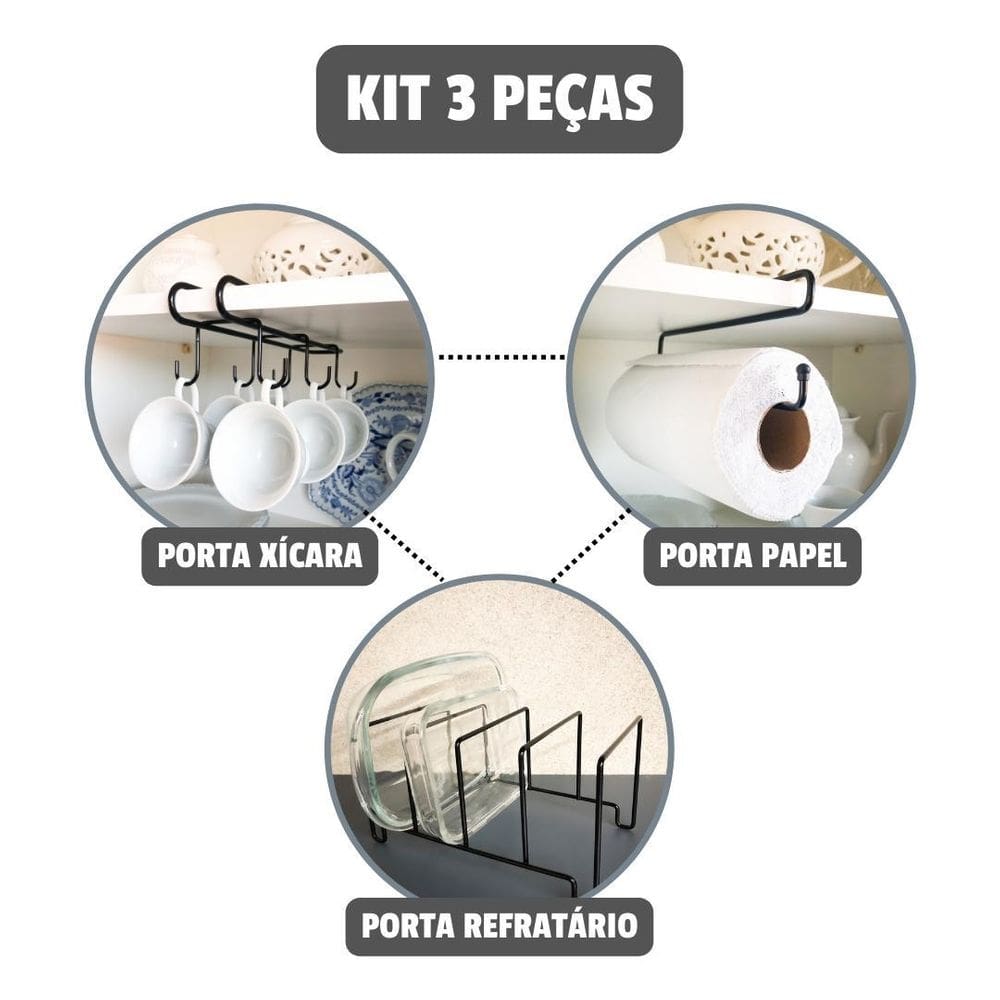Organizador suporte cozinha armário prateleira kit 3 peças