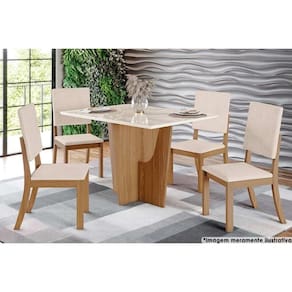 Sala de Jantar Completa Vértice Tampo Reto Madeirado c/Vidro 120x80cm e 4 Cadeiras Milla Nature/Veludo Light Linho - Henn