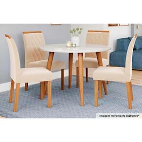 Sala de Jantar Completa Dani Madeira Maciça c/ Tampo Madeirado c/ Vidro 110cm e 4 Cadeiras Juliana Nature-Madeirado/Suede Nude Bege - Cimol